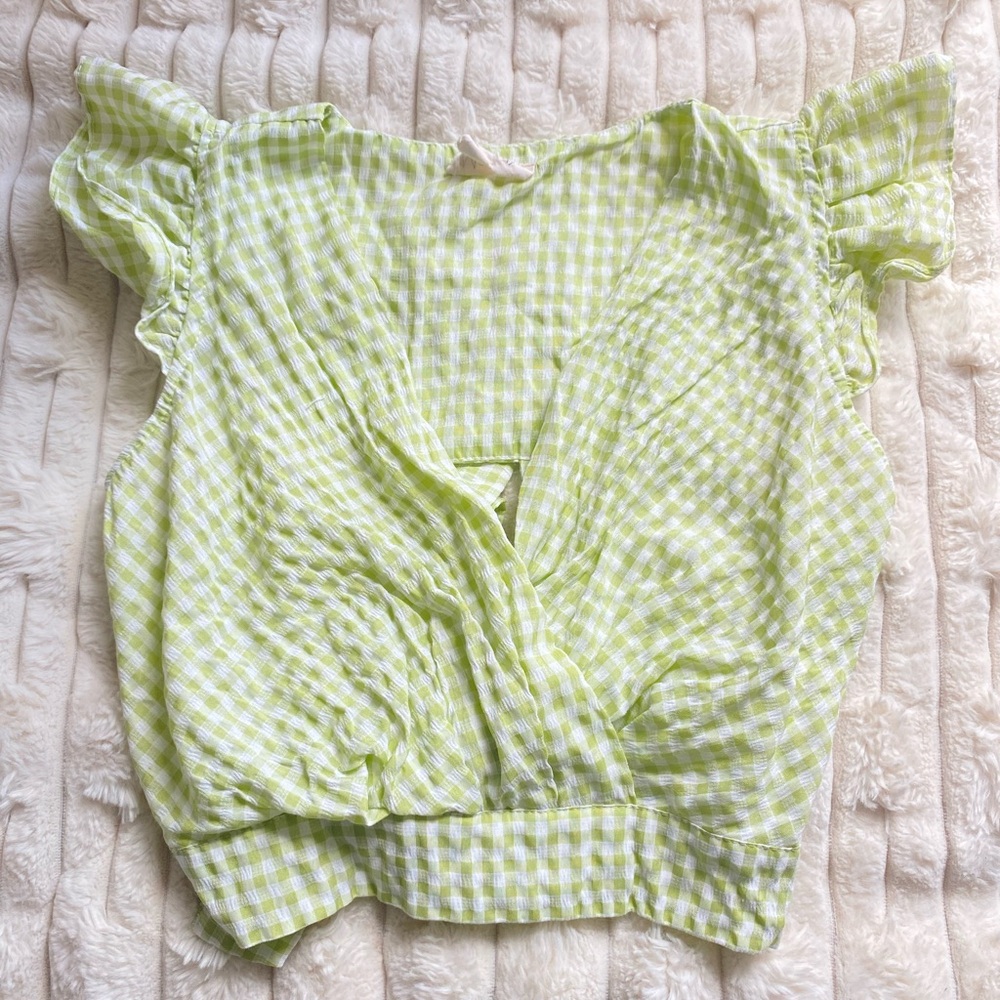 Meraki Green and White Flutter Sleeve Wrap Blouse